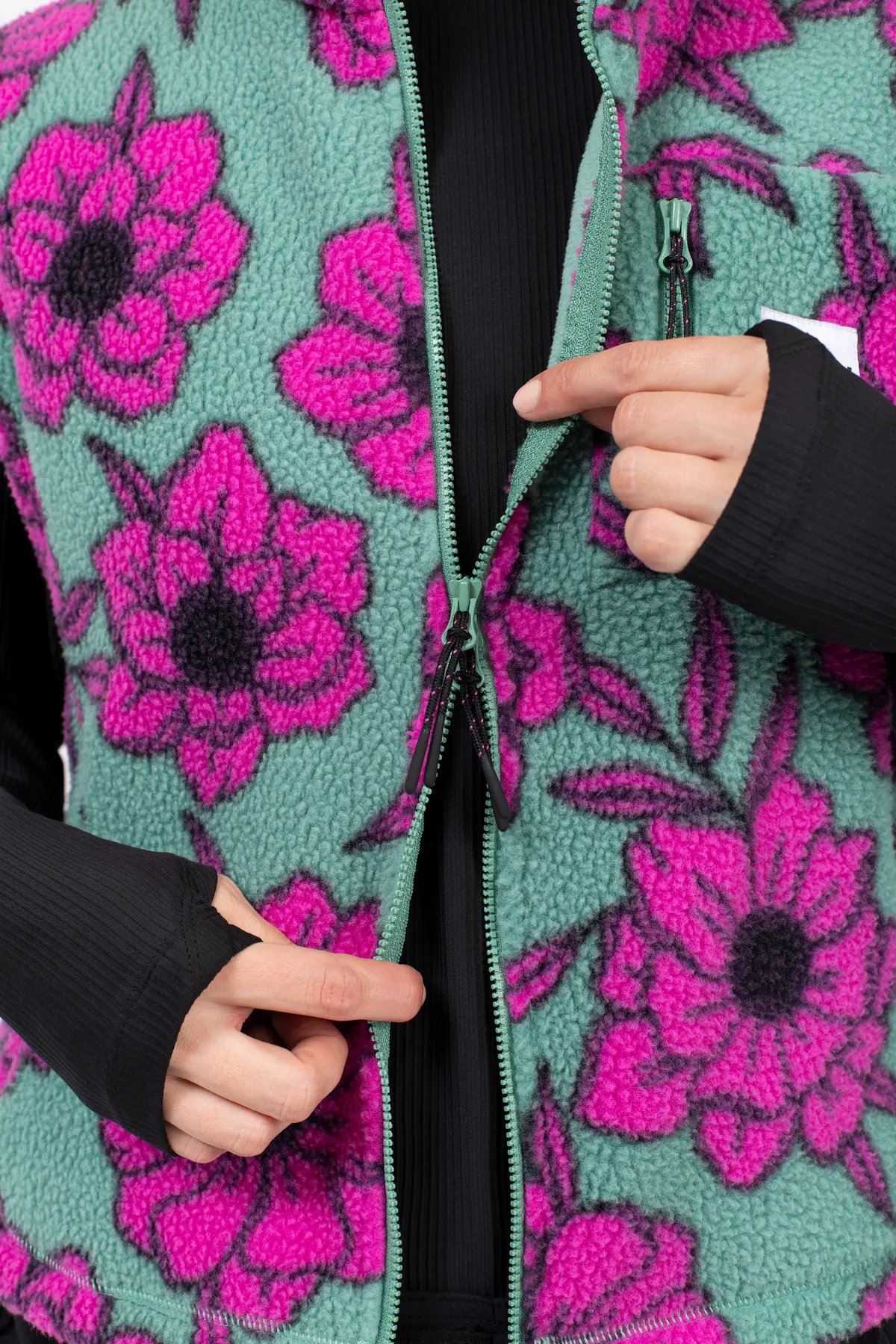 Boxy Sherpa Vest - Turquoise Flower