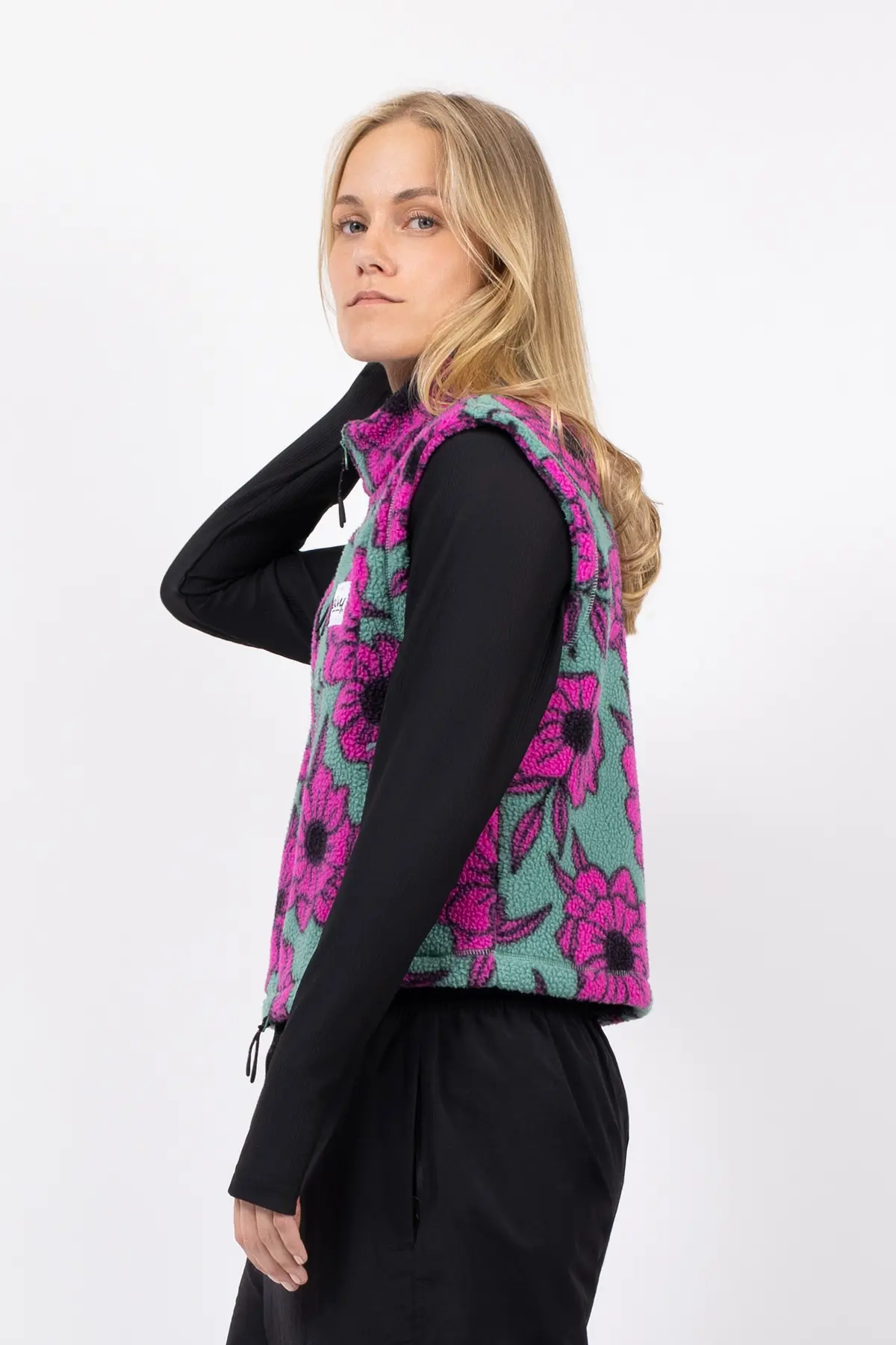 Boxy Sherpa Vest - Turquoise Flower